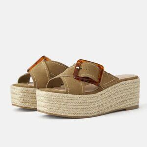 Zara Leather Platform Wedges with Tortoiseshell Buckle EUR 38